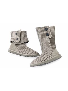 UGG Cardy Classic Knit Boots Womens 6 Gray Sweater Button Tall